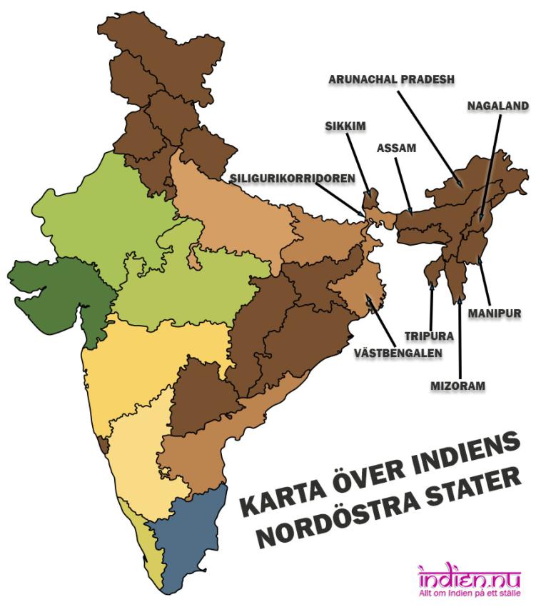 Karta över nordöstra Indien
