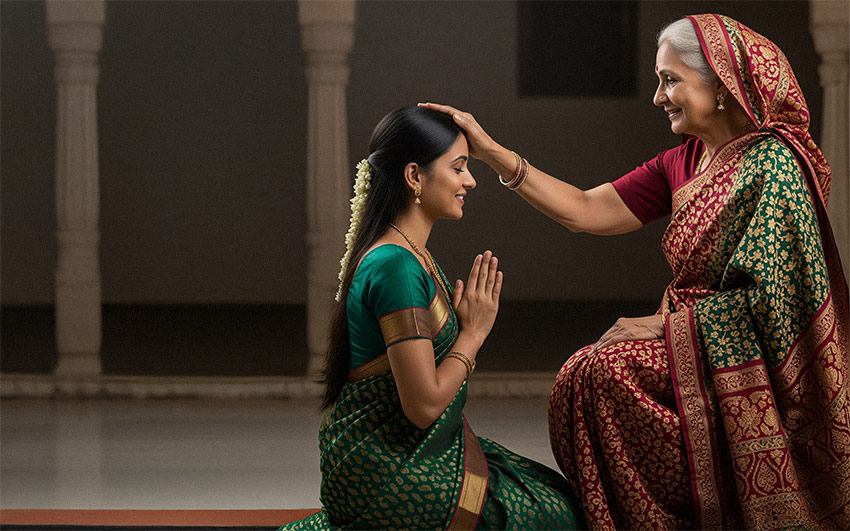 Äldre indisk kvinna välsignar en yngre kvinna med en hand på huvudet