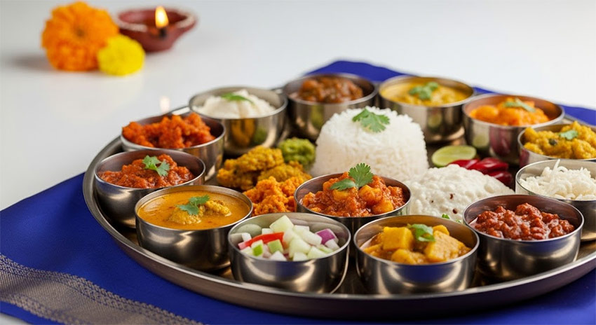 En indisk thali med traditionell lerlykta i bakgrunden